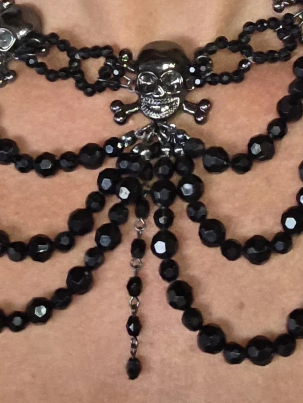 Black Beaded Skull Multi-Strand Statement Necklace - Halloween Costume